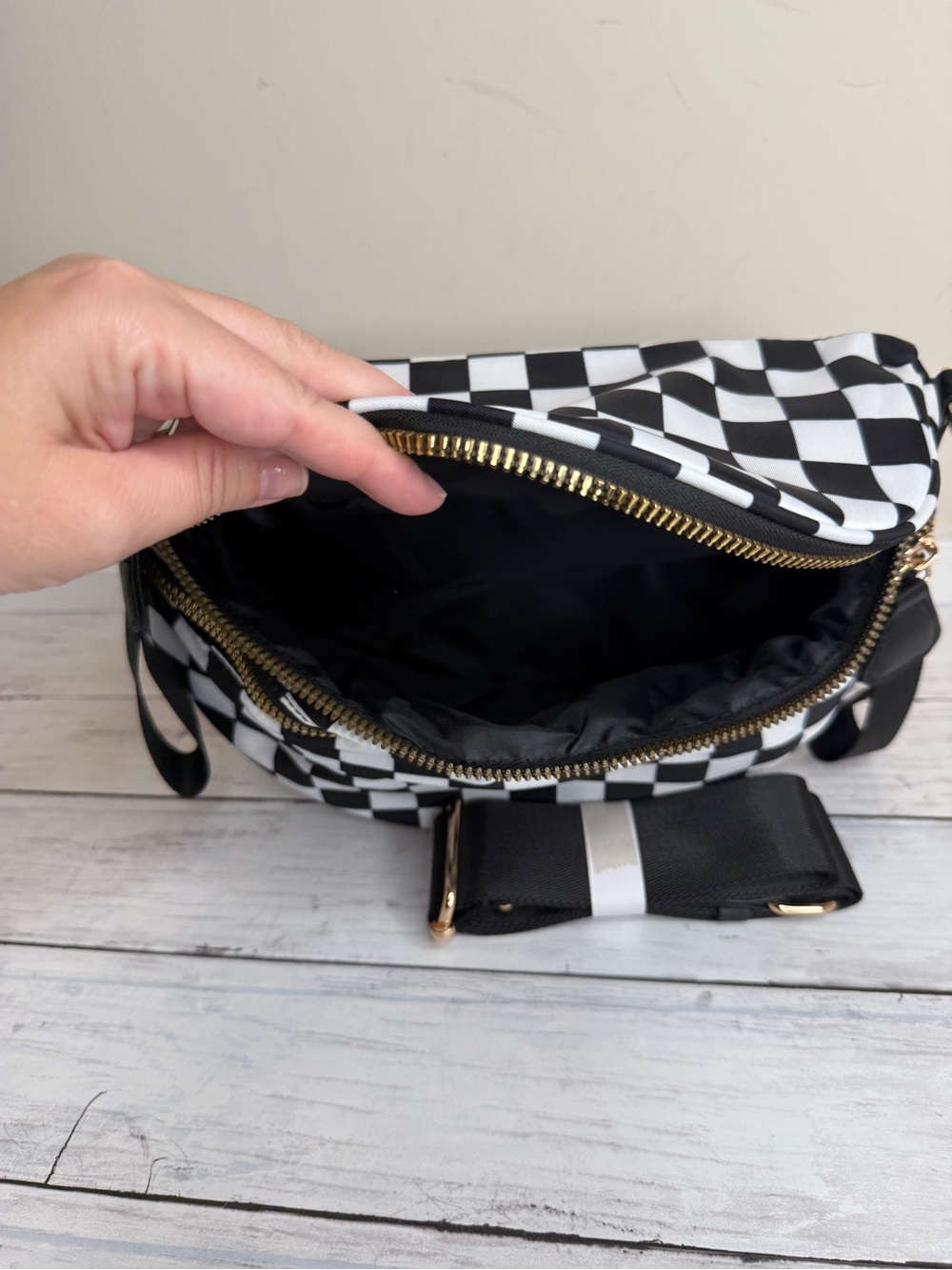 Checkerboard Black & White Crossbody Bag with Gold Hardware - Picture 2 of 2